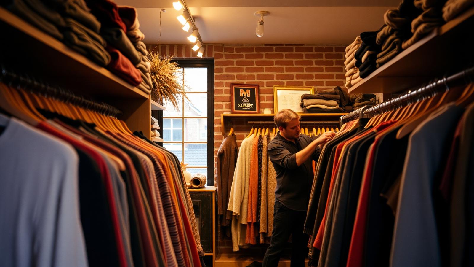 Interieur van een kleine kledingwinkel met houten rekken en warme verlichting